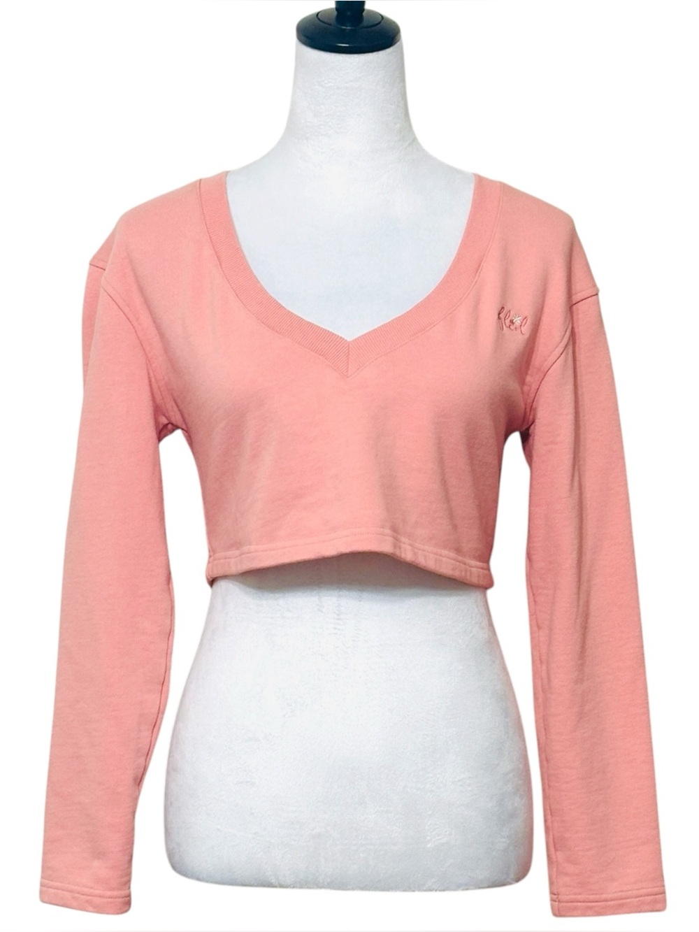 For Love & Lemons Coral Pink Crop V Neck Sweatshirt Size XS Long Sleeves